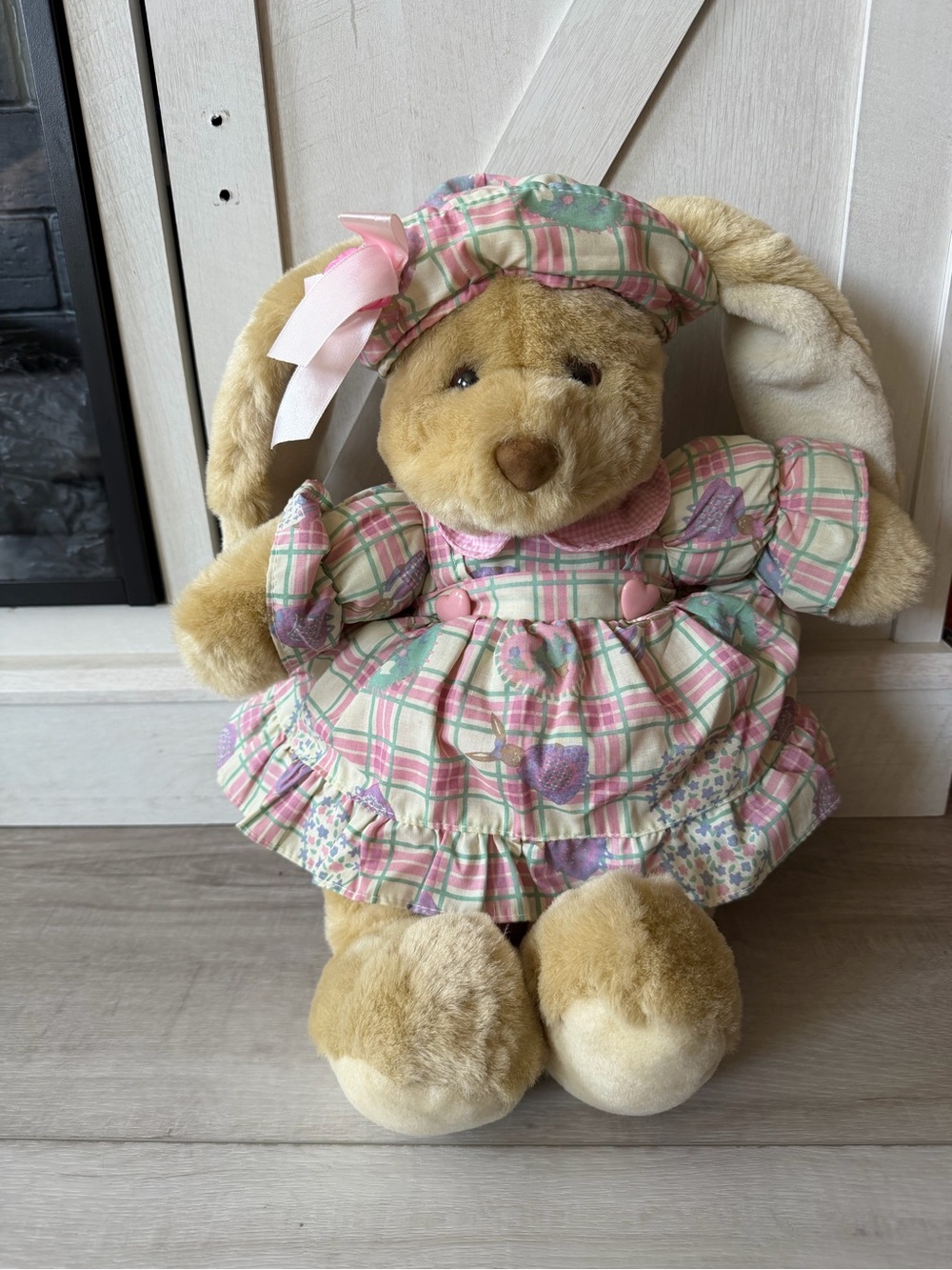 Vintage Plush Floppy Ear Bunny Toy in Pink Plaid Dress - Soft Kids Rabbit Doll